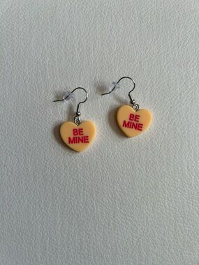 Conversation Hearts Be Mine Drop Dangle Earrings in Orange with Pink Lettering